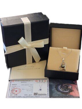 Tahitian Black Pearl Necklace 9-11mm Moissanite Heart 925 Silver 18K NWT
